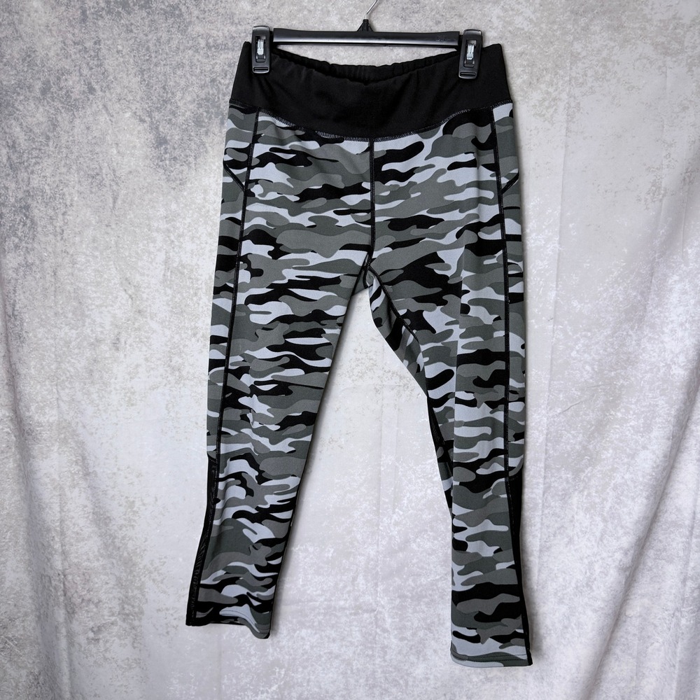 Women's XL Gray Black Camo Capri Leggings Mesh Side Panels Cotton Spandex